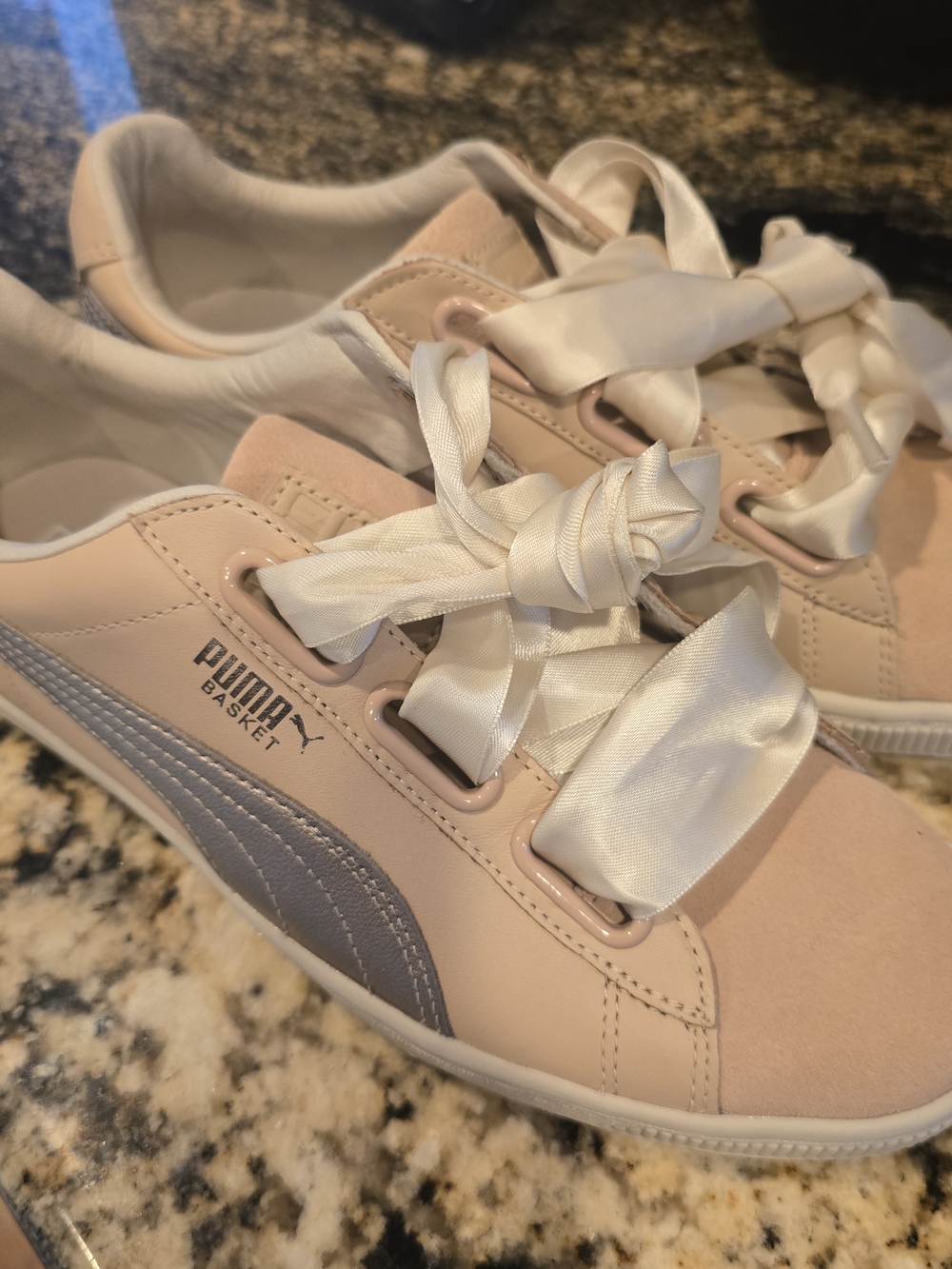 PUMA Basket Satin Ribbon Sneakers - Blush Pink & Light Gray